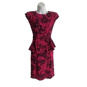 Vintage 90s Joni Blair Pink Floral Fit Flare Dress Sz 7 Ruffle Cap Sleeve Rayon